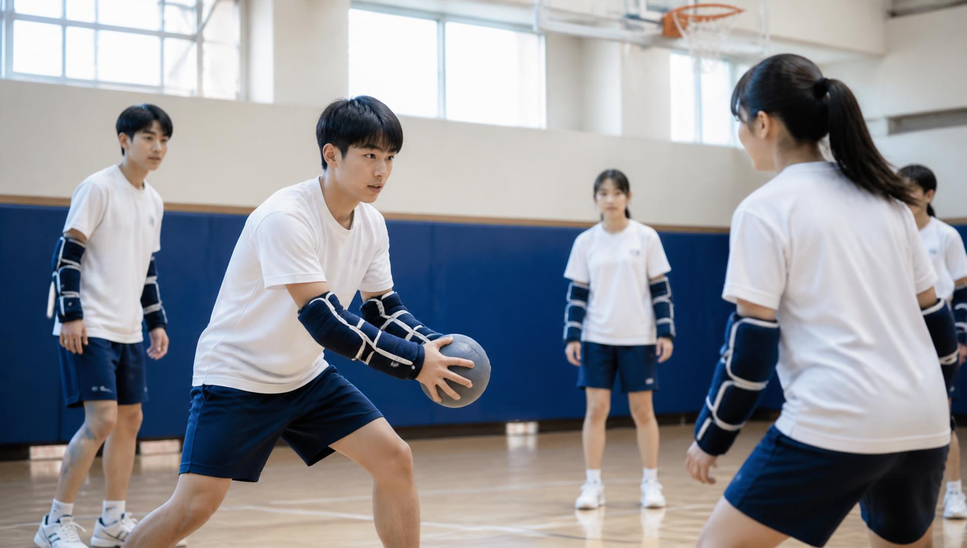 체육관에서 가디언 아머를 착용하고 가드볼 수업에 참여하는 학생들